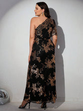 D&M Plus Size Gorgeous Glittering Sequin Embroidery High Thigh Split One Shoulder Party Cocktail Dress